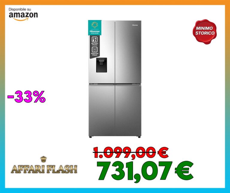 Hisense RQ5P470SMIE, Frigorifero Americano Quattro Porte, Classe E, Inox, Total No Frost, WiFi, Metal Cooling, Zona Convertibile, Display LED, Dispenser Acqua, Motore Inverter