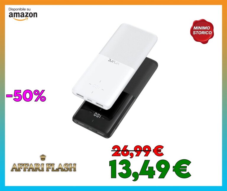 Power bank 10000mAh, VRURC Power Battery Bank, 3 uscite, 2 ingressi, batteria esterna sottile e leggera per, confezione da 2 black+white