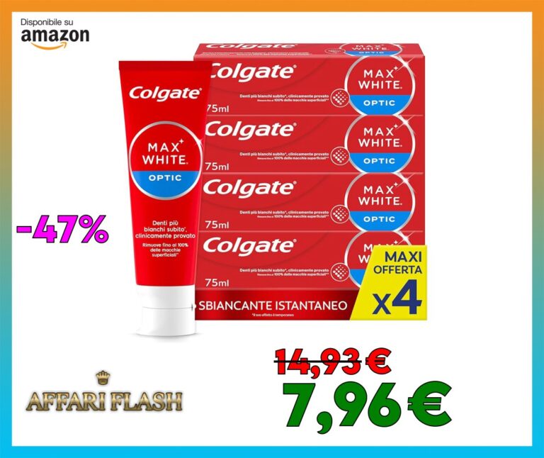 Colgate Dentifricio Sbiancante Max White Optic 4 Confezioni da 75 ml I Clinicamente Provato per Rimuovere Fino al 100% delle Macchie Superficialil I Denti più bianchi I Sbiancamento denti istantaneo