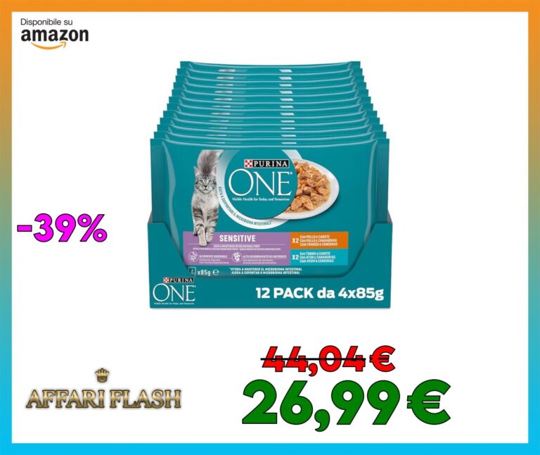 PURINA ONE Sensitive Cibo Umido per Gatti Adulti Filettini in Salsa con Pollo, Tonno e Carote 48 Buste da 85g