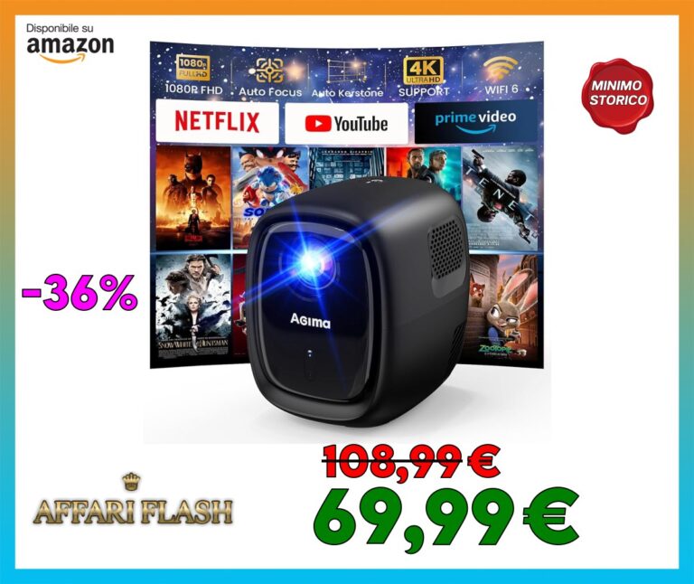 [Auto Focus/Apps integrata] Mini Proiettore con WiFi y Bluetooth 4K 1080P Nativo Proiettore con Apps e Android TV OS, Correzione Auto, Altoparlante Stereo, Proiettore Portatile Nero