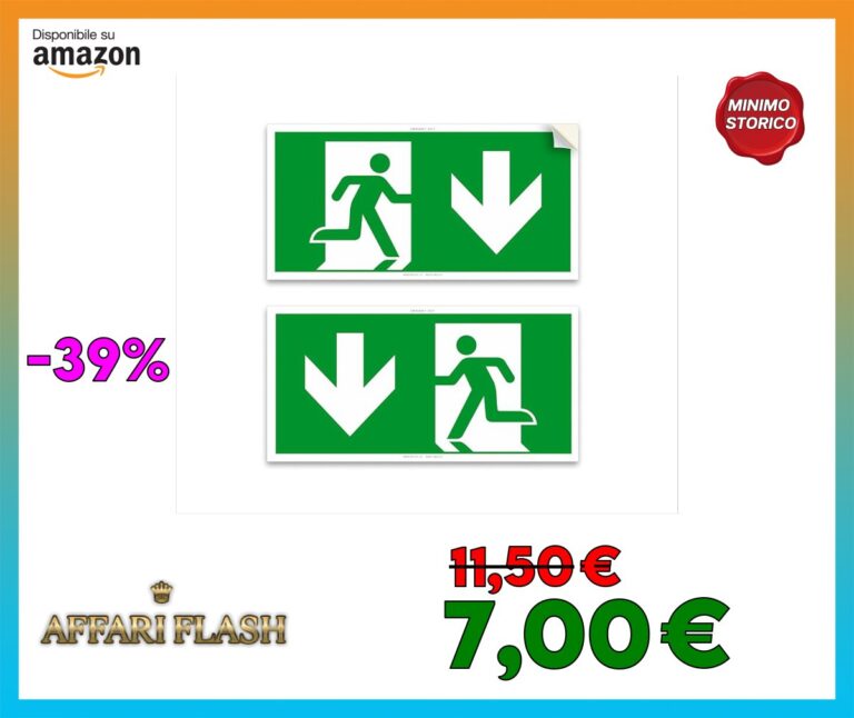 Cartelli adesivi uscita di emergenza, mis. 30×15 cm, con frecce in basso, indicazione uscite di sicurezza, in vinile, Impermeabili, anti UV, segnaletica sicurezza iso 7010