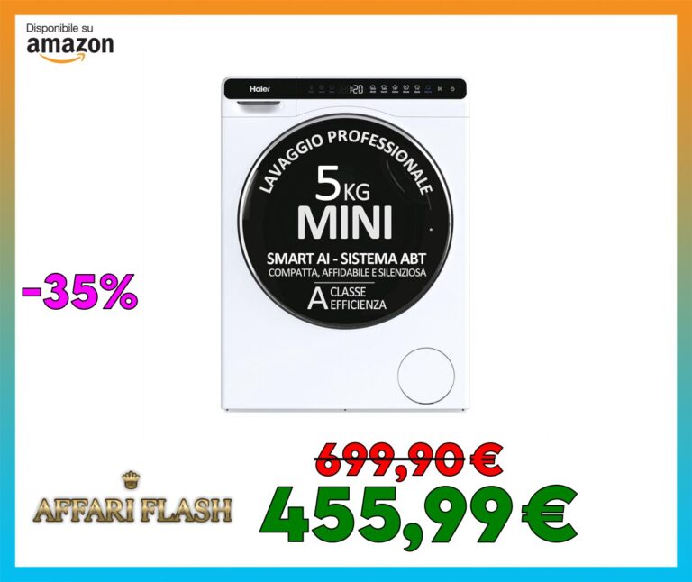 Haier Mini Drum Lavatrice Slim 5 Kg, Libera Installazione, Carica Frontale, Classe A, 1200 Giri, 6 Programmi, Smart AI e Smart Dual Spray, Trattamento ABT, 51 x 44 x 70 cm, Bianca