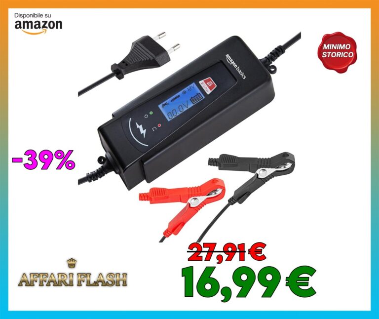 Amazon Basics Caricabatterie automatico intelligente con funzione tester batteria, presa EU, uscita