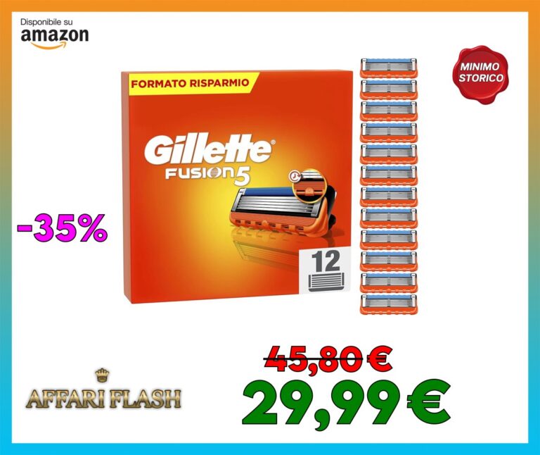 Gillette Fusion 5 LAMETTE DA BARBA, 12 RICAMBI da 5 Lame, Rasatura Scorrevole con STRISCIA LUBRIFICANTE, Fino a 1 MESE DI RASATURA con 1 Lametta