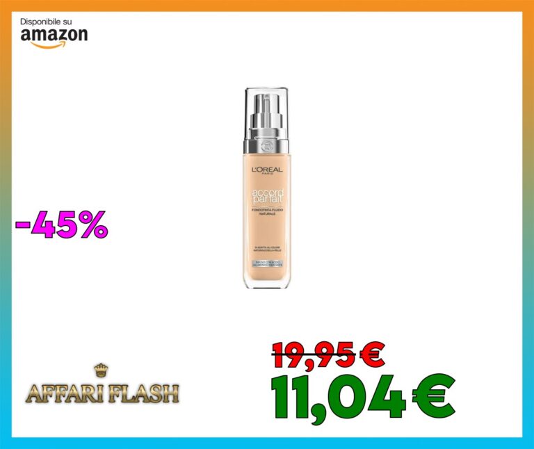 L’Oréal Paris Fondotinta Liquido, Incarnato Uniforme e Illuminato, Finish Naturale, Per Tutti i Tipi di Pelle, Formula con Acido Ialuronico, Accord Parfait, Tonalità