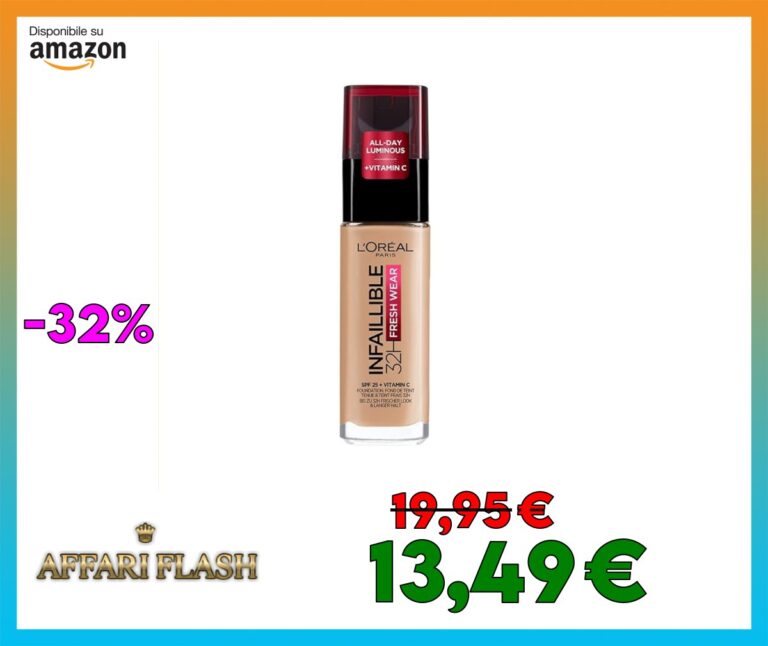 L’Oréal Paris Fondotinta Liquido Infaillible 32H, Coprente a Lunga Tenuta con Protezione Solare SPF25, Formula Waterproof e Idratante, Tonalità