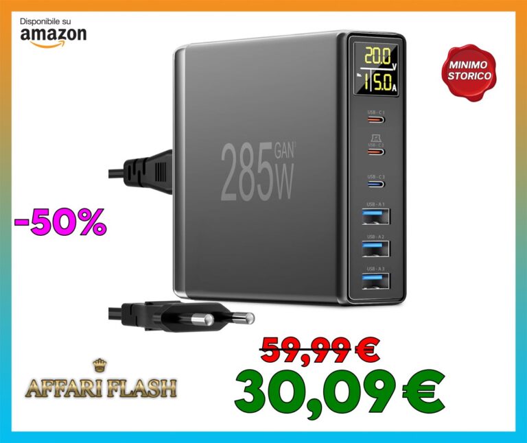 285W Caricatore USB C Multiplo, YSYFAD 6 Porte Stazione di Ricarica con Schermo LED Fast Caricabatterie GAN Caricatore USB C 100W per Macbook Laptop Presa Multipla USBA per i Phone Pad Samsung, Nero