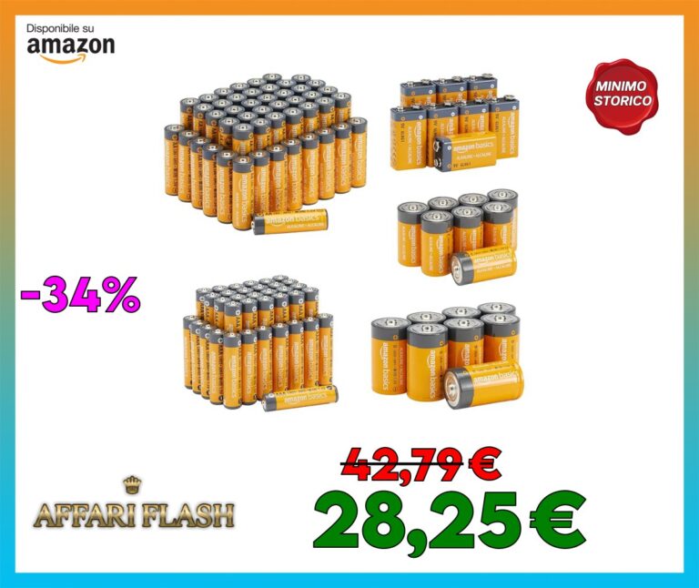 Amazon Basics, confezione da 108 batterie alcaline, 48 AA + 36 AAA + 8 C + 8 D + 8 9 Volt