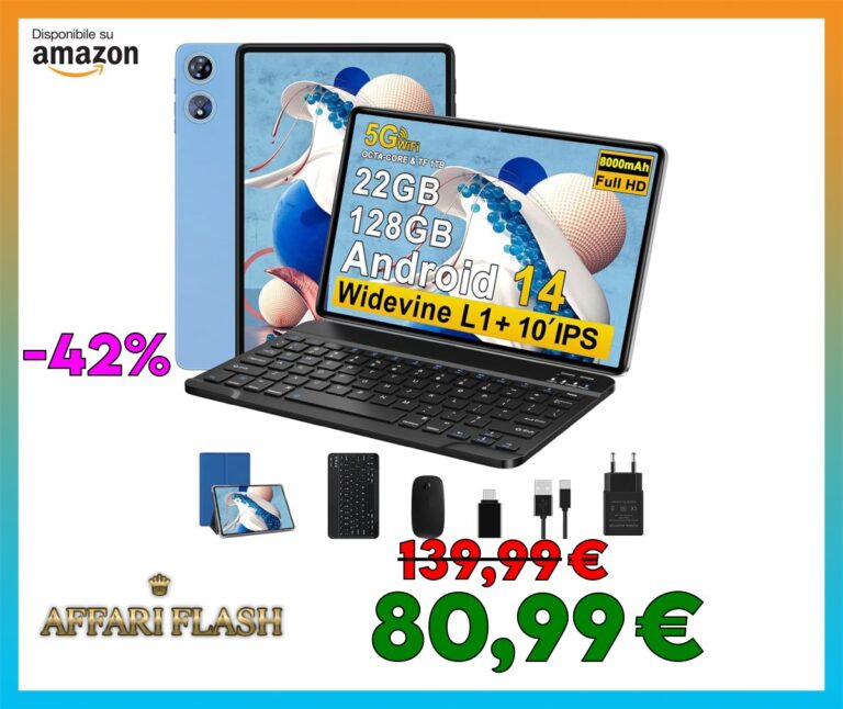Android 14 Tablet 10 Pollici con 22GB RAM + 128GB ROM (TF/1TB), Octa