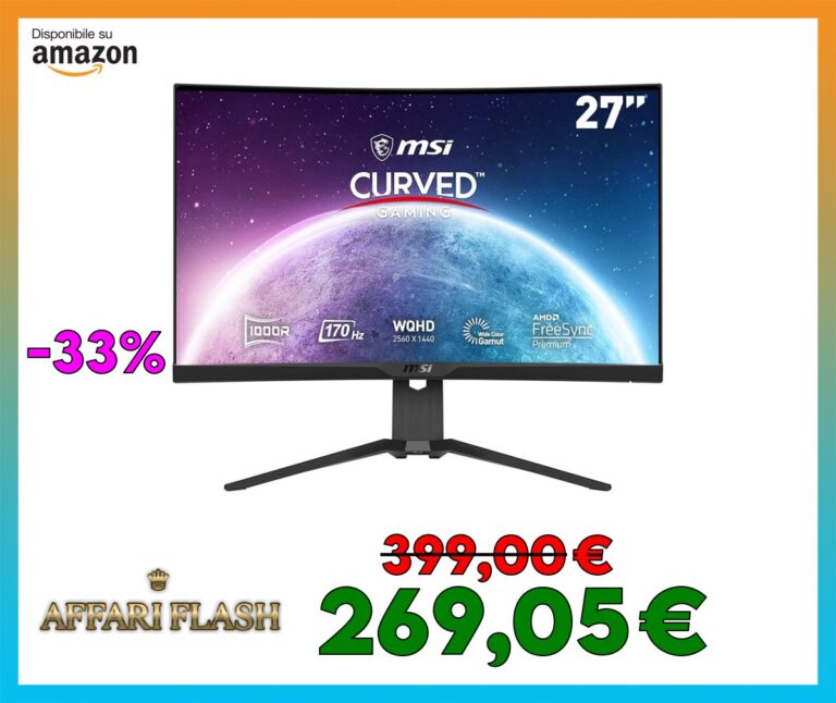 MSI G272CQP Monitor Gaming curvo 27″ WQHD (2560×1440), 170Hz, 1ms, FreeSync Premium, HDR Ready, Stand regolabile