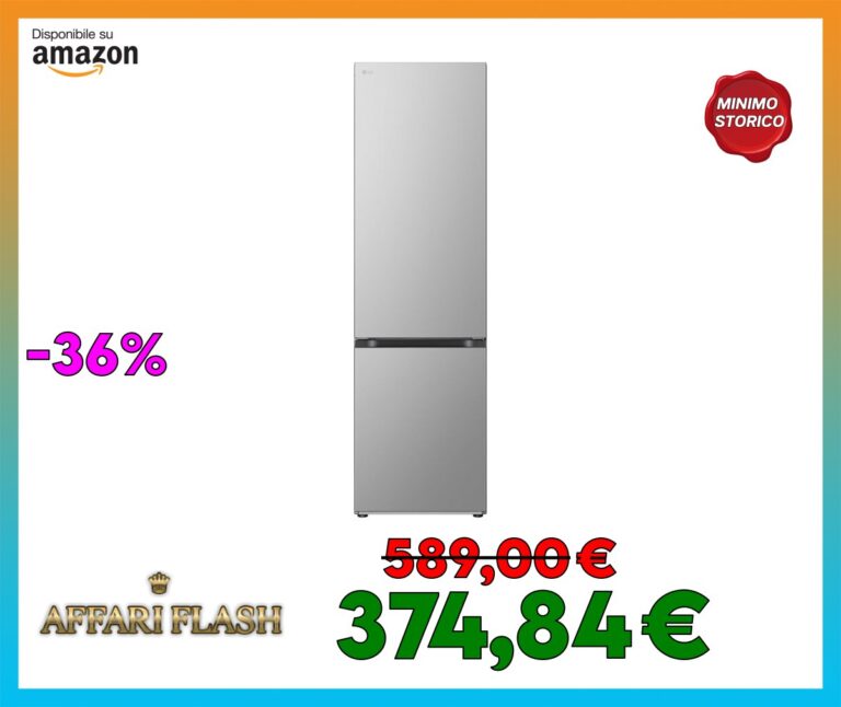 LG GBV22L0EPY Frigorifero combinato Total No Frost, 387L, Classe E, Door Cooling, Linear Cooling, Smart Diagnosis, Design con porte piatte, Apertura porte a filo muro, Prime Silver