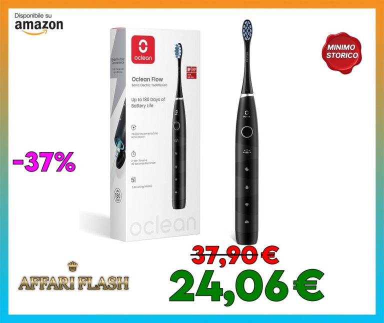 Oclean Spazzolino elettrico sonico Flow, Ricarica ogni 180 giorni, 5 Modalità, Impermeabile IPX7, Timer da 2 minuti, Nero