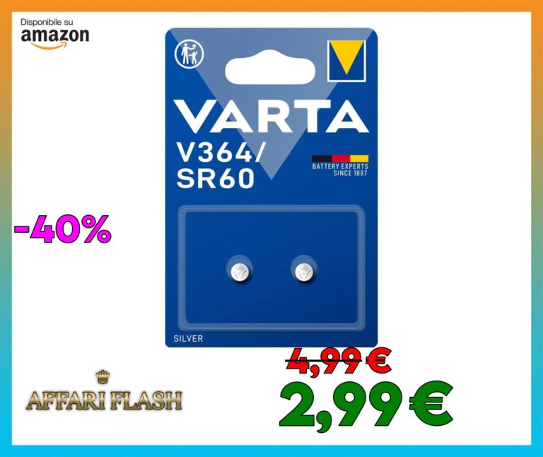 Varta V364, Sr60, SR621SWN, SR621, 364F, 364, 364101402, Batteria a Bottone, Ossido d’Argento, 1.55 Volts, 20mAh, diametro 6.8 mm, altezza 2.15 mm, Confezione 2 Pile