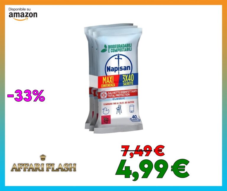 Napisan Salviette Tripacco Disinfettanti Total Protectio, Confezione da 120 Salviette Disinfettanti Biodegradabili e Compostabili Multisuperfici