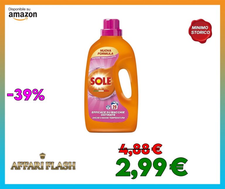 Sole Detersivo Lavatrice Potere Smacchiante 29 Lavaggi, Formula igienizzante, Detersivo Lavatrice Liquido Potere Smacchiante, rimuove le macchie a basse temperature