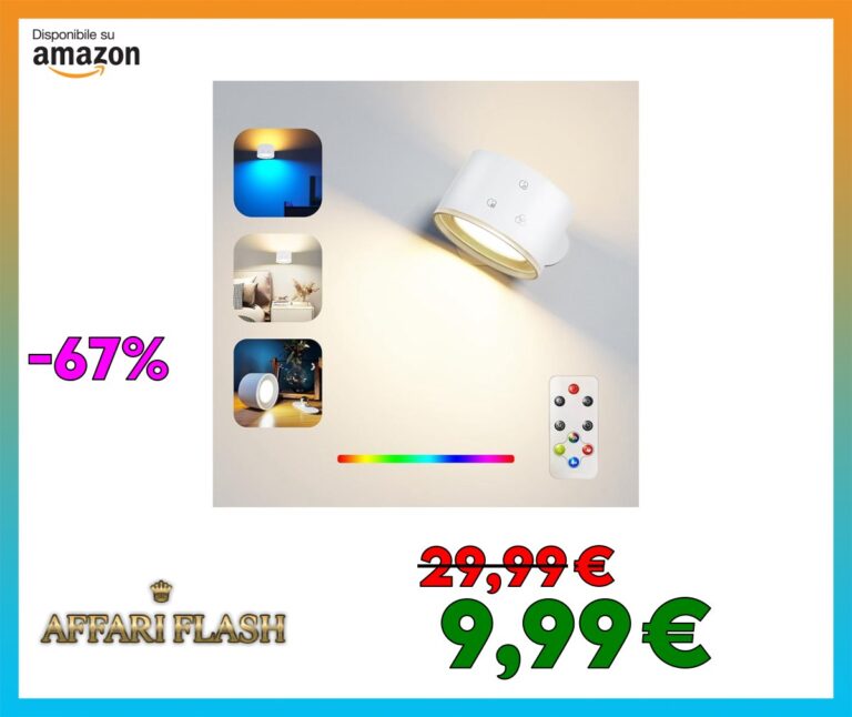 Lampada da Parete, Lampada Led Con Telecomando Batteria Ricaricabile, Lampada A Led Per interni Con Controllo 4 Livelli di Luminosità 3 Modalità di Colore Ruotabile A 360°(Bianco + 7 colori RGB)