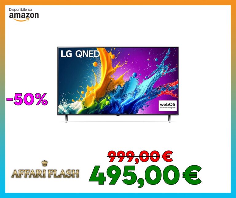 LG QNED 55”, Serie 80 2024, 55QNED80T6A, Smart TV 4K, Processore α5 Gen7, Design slim, 20W, 3 HDMI, Filmmaker Mode, Game Optimizer, Alexa, Wi
