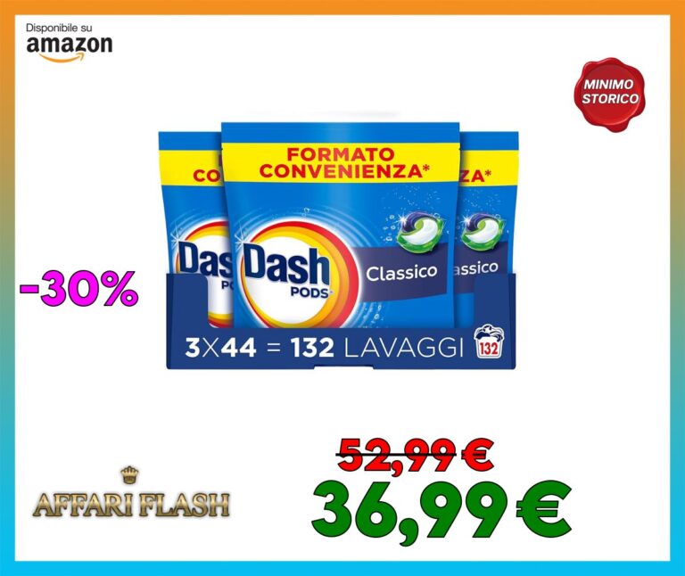 Dash Pods Detersivo In Capsule, 132 Lavaggi, Classico, Rimuove Le Macchie, Igienizza, Brillantezza Per I Capi (44×3)