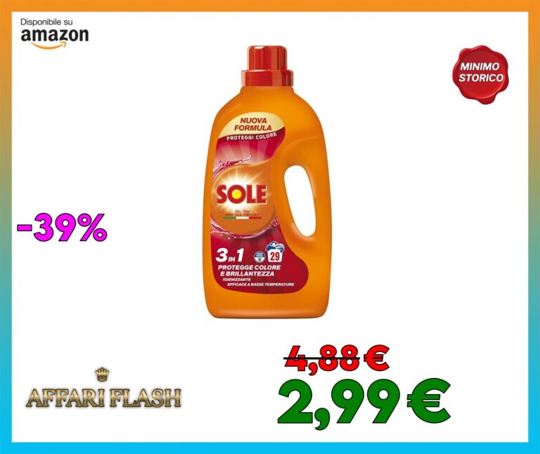 Sole Detersivo Lavatrice Proteggi colore 29 Lavaggi, Formula igienizzante, Detersivo Lavatrice Liquido Proteggi colore, rimuove le macchie a basse temperature