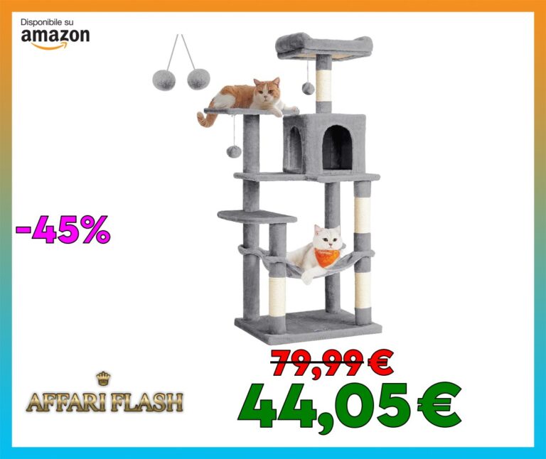 Feandrea Albero per Gatti Alto 143 cm, Tiragraffi per Gatti, con 4 Pali Graffiatoi, 2 Posatoi, 1 Grotta, 1 Amaca, 2 Pompon, in Peluche a Più Livelli, Grigio Chiaro PCT161W01