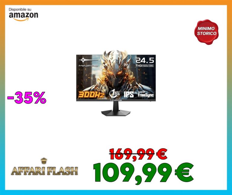 Minifire Monitor Gaming 24.5 Pollici 300Hz, 1ms, Full HD Schermo Senza Cornice, VA Pannello, Adaptive Sync, HDR, Eye