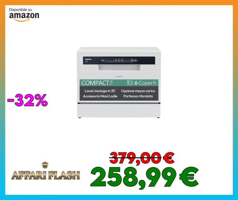 Candy Rapido’ CP 6E51LW Lavastoviglie Compatta da tavolo, Libera Installazione, 6 Coperti, 5 Programmi, 51 dB, Ciclo Rapido 35′, Partenza ritardata, Classe E, AxLxP 44,3x55x50,1 cm, Bianco [Classe E]