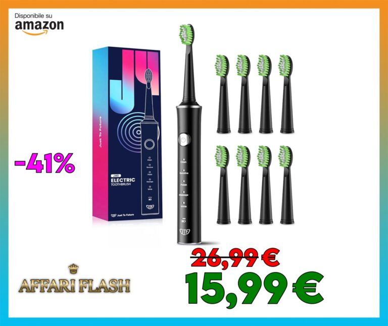 JTF Spazzolino Elettrico, Spazzolino da denti Sonico con 8 Testine, 5 Modalità & Smart Memory, Timer 2 Min, IPX7 Impermeabile, Rechargeabilité, Ricarica Rapida 3H, Adulto (Nero)