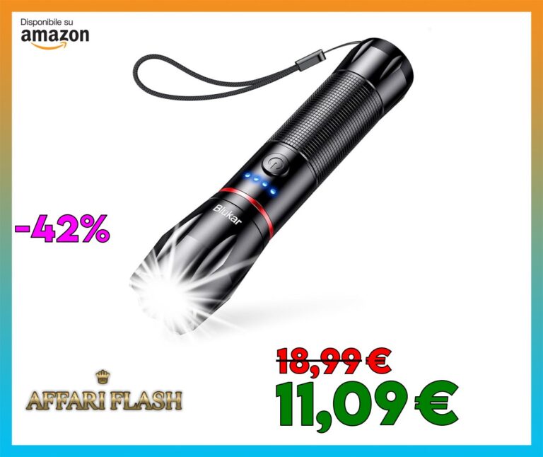 Blukar Torcia LED Ricaricabile, Super Luminoso Zoomabile Torcia Potente, 5 Modalità di Illuminazione, IPX6 Impermeabile Flashlight per Campeggio/Escursionismo/Emergenza/Interruzione di Corrente