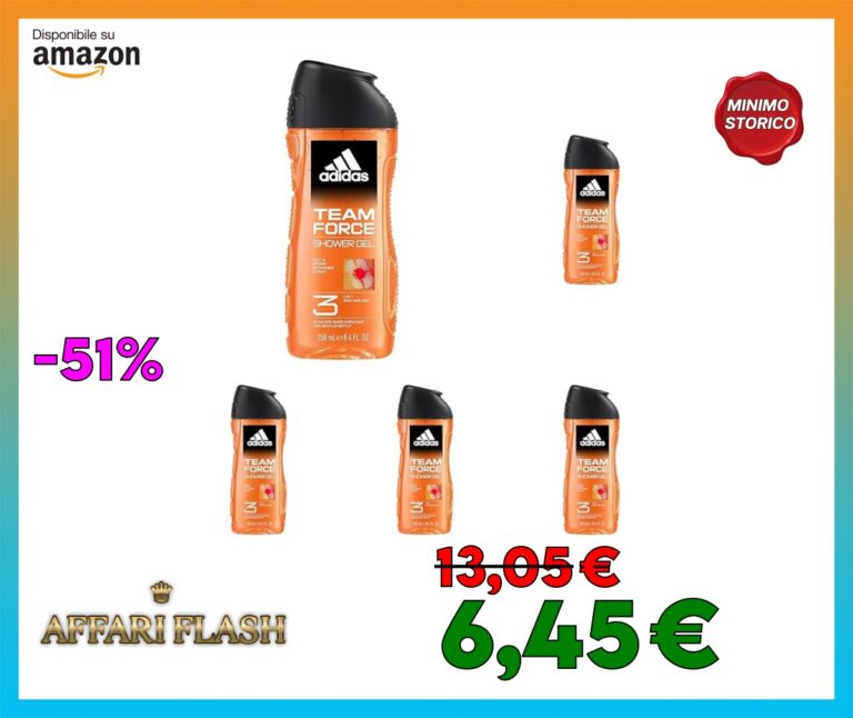 Adidas, Team Force Gel Doccia Bagnoschiuma 3 in 1 per Corpo, Capelli e Viso, Formula Vegana, 250ml (Confezione da 5)