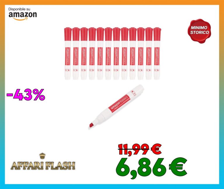 Amazon Basics Pennarelli per lavagna bianca cancellabili a secco, con punta a scalpello, a basso odore, 12 pezzi, rosso