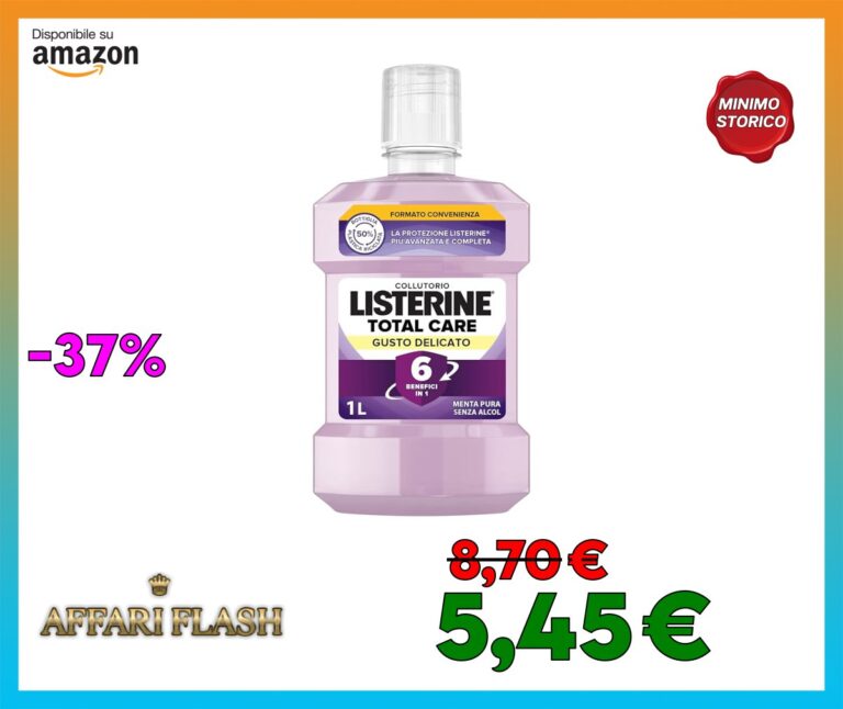LISTERINE Collutorio Total Care, Collutorio senza alcool al Gusto Delicato di Menta, Collutorio con 6 benefici in 1 per una pulizia accurata e un’igiene orale completa, 1L