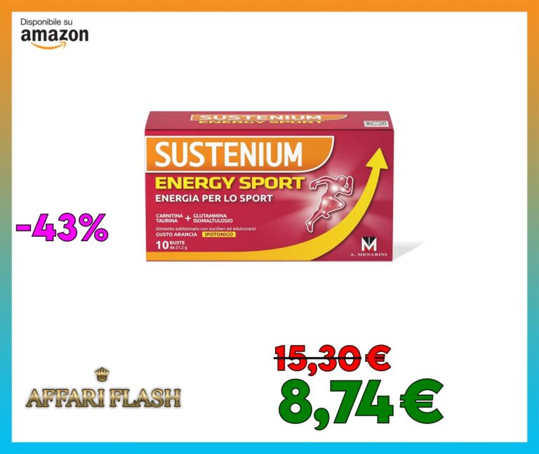 Sustenium Energy Sport, Energizzante per Sportivi con Taurina, Carnitina, Glutammina, Vitamina E, Vitamina C, Zinco e Sali Minerali. 10 Bustine al Gusto Arancia.