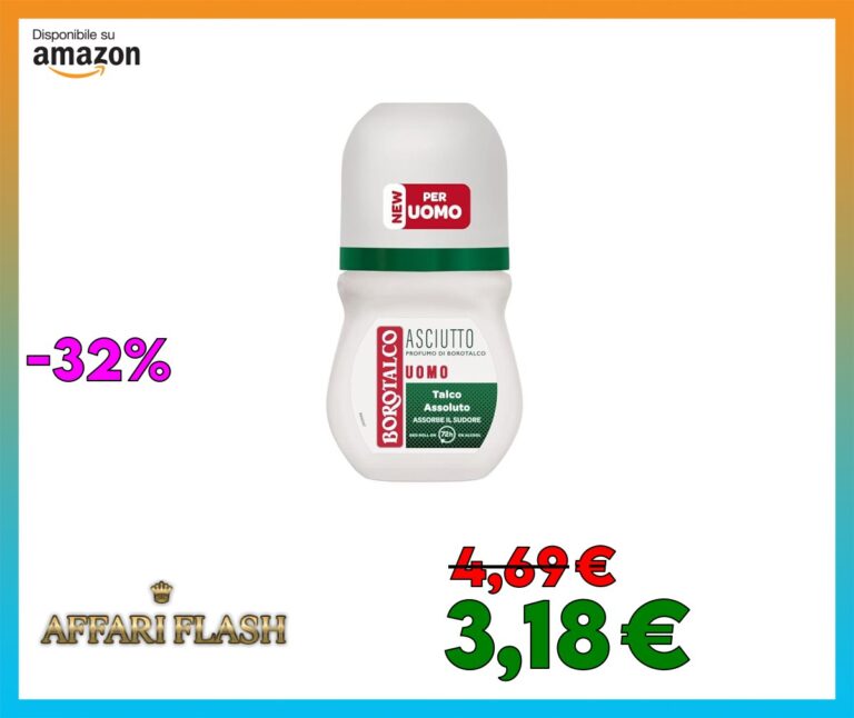 Borotalco, Deodorante Uomo Roll On Asciutto Originale, Formula Senza Alcool con Talco Assoluto, Assorbe il Sudore, Profumo Borotalco, 72h di Efficacia