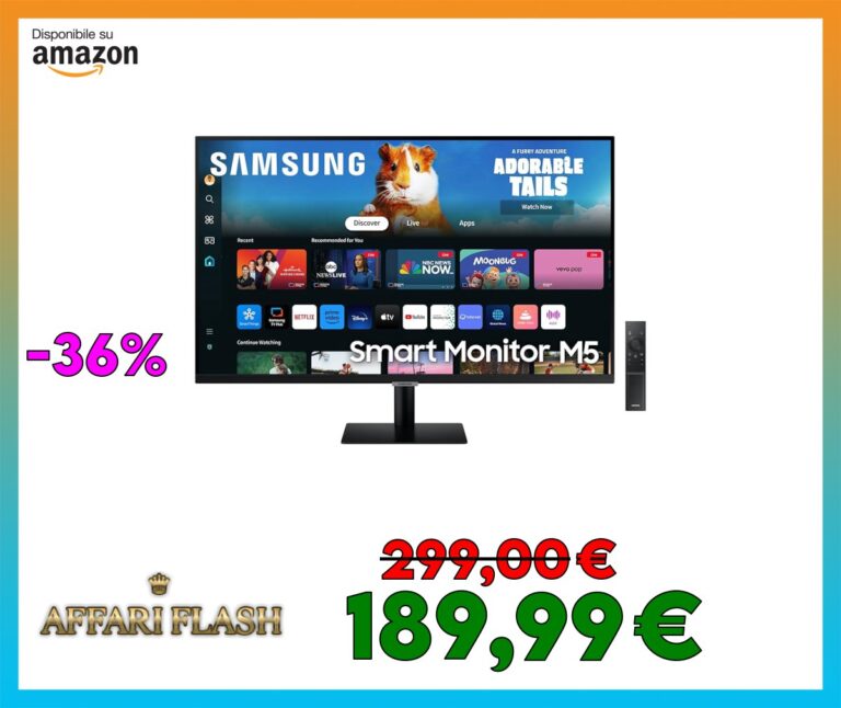Samsung Smart Monitor M5 (S32DM502), Flat 32”, 1920×1080 (Full HD), Smart Hub con app di streaming, Office 365, Gaming Hub, Speaker integrati, Telecomando, WiFi, HDMI, USB