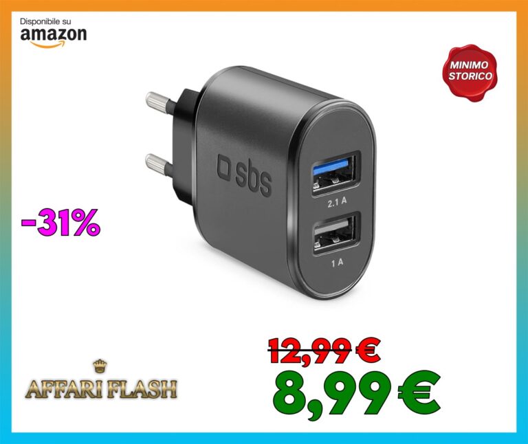 SBS Alimentatore USB 10W, Ricarica Rapida, 1x USB 2.1A Intelligent Charge (IC), 1x USB 1,0A 5W, Compatto, Caricatore per iPhone, iPad, Airpods, Samsung, Pixel, Tablet, Smartphone, Nero