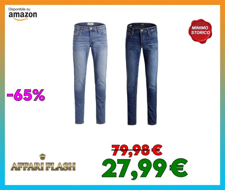 JACK & JONES Jeans Slim Fit a Vita Bassa. Chiusura con Patta e Bottoni.