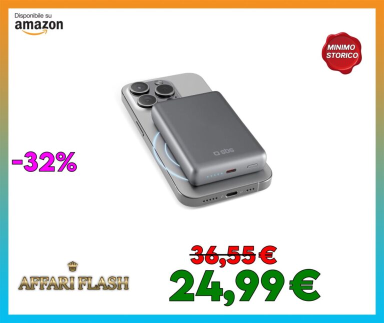 SBS PowerBank 10K MagSafe, 20W Power Delivery, 10.000mAh, Ricarica Rapida, Magnetico, Wireless 15W, LED di Carica, USB