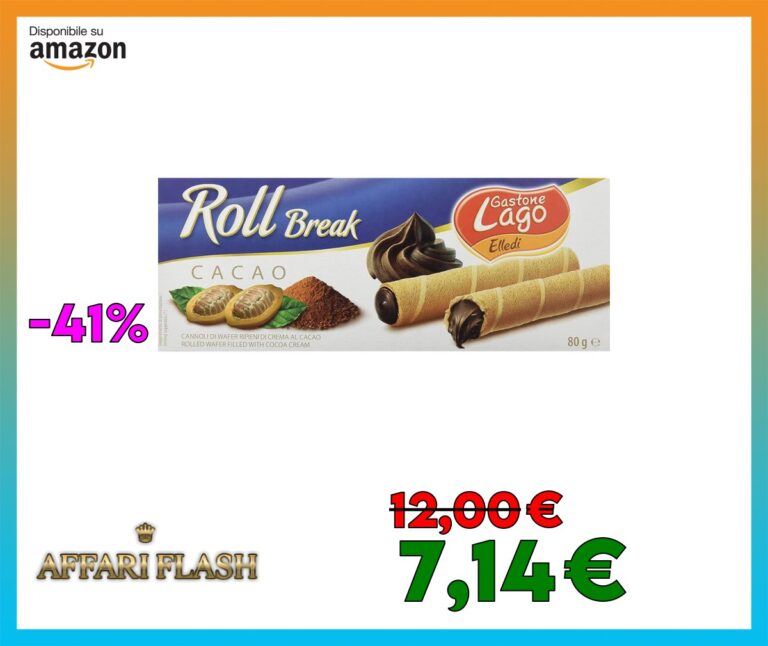Lago 1968, Roll Break 80g, Cannoli di Wafer Ripieni di Crema Cacao 66% (Confezione da 6)