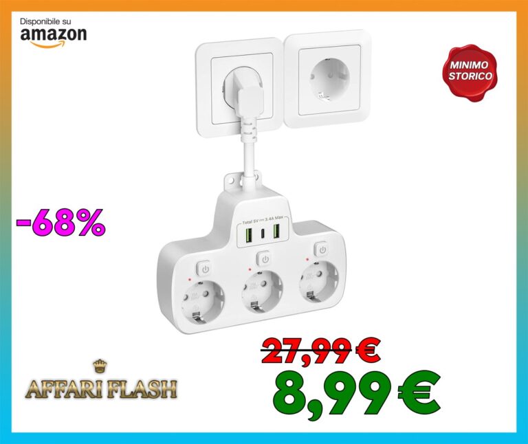 Ciabatta Multipresa con Interruttori Indipendenti, Presa Multipla Salvaspazio 3 Prese Schuko con Interruttore Ciabatta Elettrica USB C Adattatore Multipresa parete Spina Tedesca Cavo 0,1m, Bianco