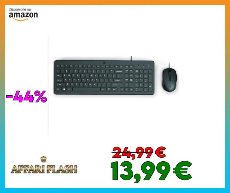 HP 150 Combo Tastiera e Mouse con cavo USB da 100 cm, Indicatore LED Blocco Maiuscole, 12 Combinazioni di Tasti, Plug and Play, Mouse Sensore Ottico da 1600 DPI, Compatibile con Windows 11, Nera