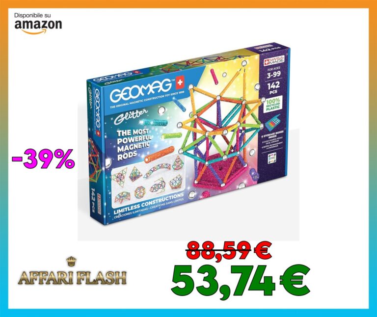 Geomag, Glitter Recycled, Costuzioni Magnetiche Effetto Glitter, Barrette Magnetiche Scintillanti e Colorate, Confezione da 142 Pezzi, Plastica 100% Riciclata