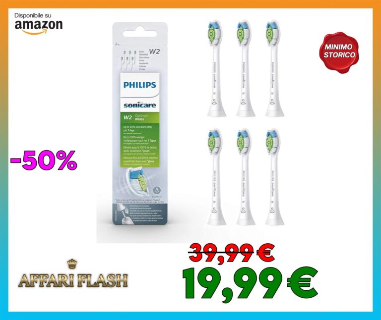 PHILIPS Sonicare W2 Optimal White Testine Standard Per Spazzolino Elettrico Sonico, Bianco, 6 Unità, Confezione Da 1, Vecchio, 6 Testine
