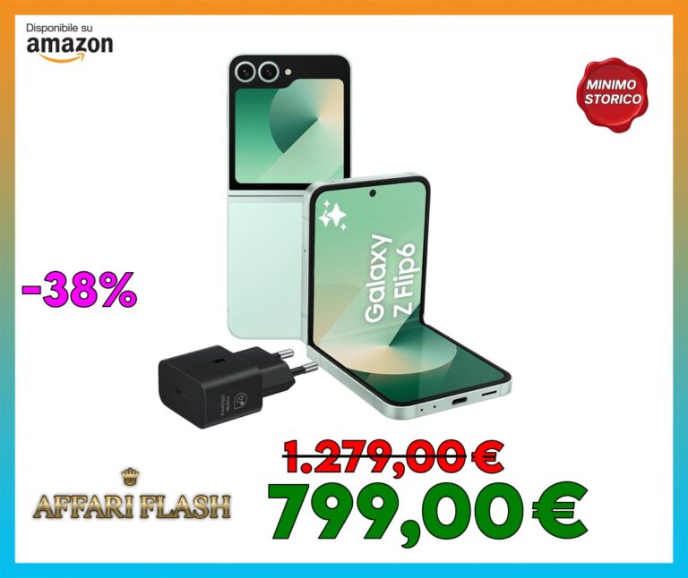 Samsung Galaxy Z Flip6 Smartphone AI pieghevole, Caricatore Incluso, RAM 12GB, 256GB, Dual SIM, Display 3,4″ Super AMOLED/6,7″ Dynamic AMOLED 2X, Fotocamera 50 MP, Mint [Versione italiana]