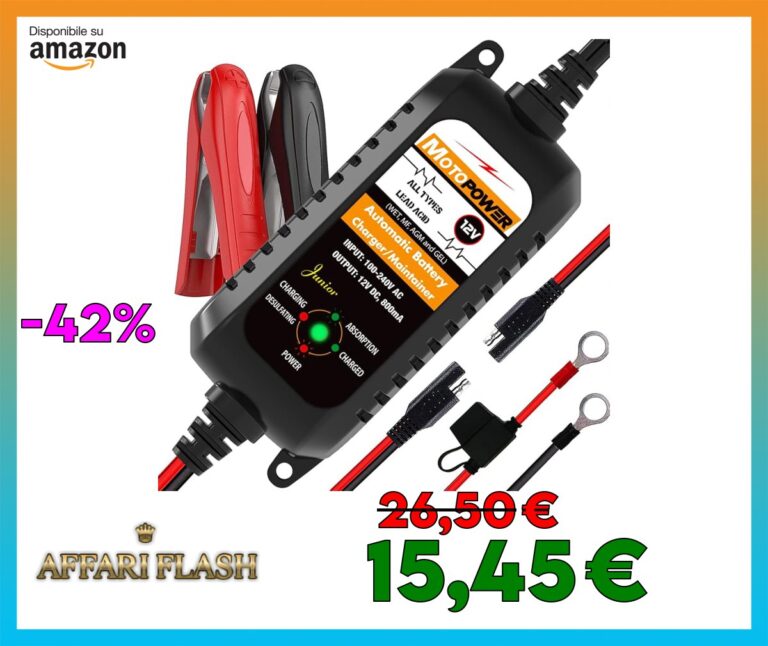MOTOPOWER MP00205A 12V 800mA completamente automatico caricabatterie/manutentore per auto, moto, ATV, camper, Powersports, barca e altro ancora. Intelligente, compatto ed ecologico
