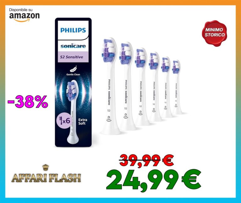 PHILIPS Sonicare S2 Sensitive, testine di ricambio originali, bianco, confezione da 6, HX6056/87, Nuovo, 6 Testine