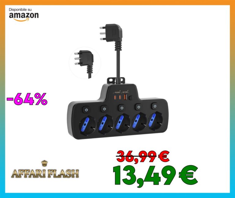 Ciabatta Multipresa Elettrica con Interruttore Indipendenti,Presa Multipla Elettriche Salvaspazio 5 Prese Universali Italiana 10/16A Schuko,USB C PD20W Cavo Corto Flessibile 0,1m Spina 16A 2P+T,Nero