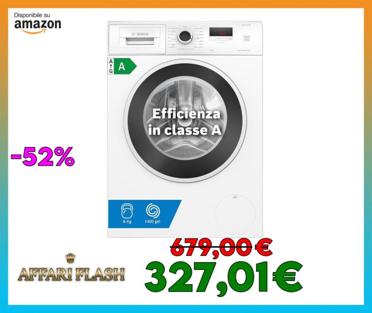 Bosch WGE03200IT Serie 2 Lavatrice a carica frontale, 8 kg, 1200 giri, Classe energetica A, motore inverter con 10 anni di garanzia, Lavaggio igienico anche a 40 °C, Bianco, 60 Cm