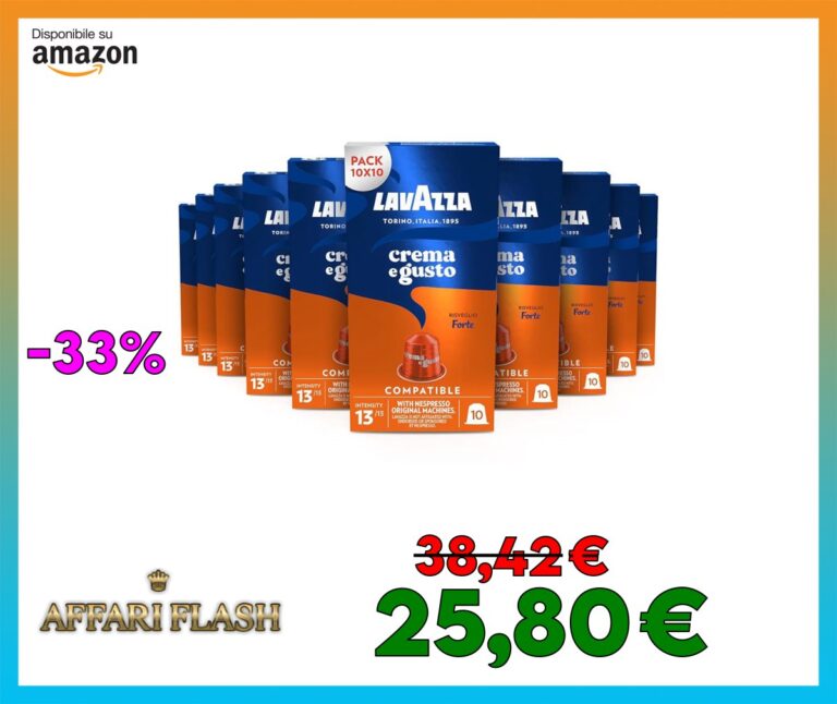 Lavazza, Crema e Gusto Forte, 100 Capsule in Alluminio Compatibili con Macchine Nespresso Original, con Note di Cacao e Legno, Arabica e Robusta, Intensità 13/13, Tostatura Scura, 10 Confezioni