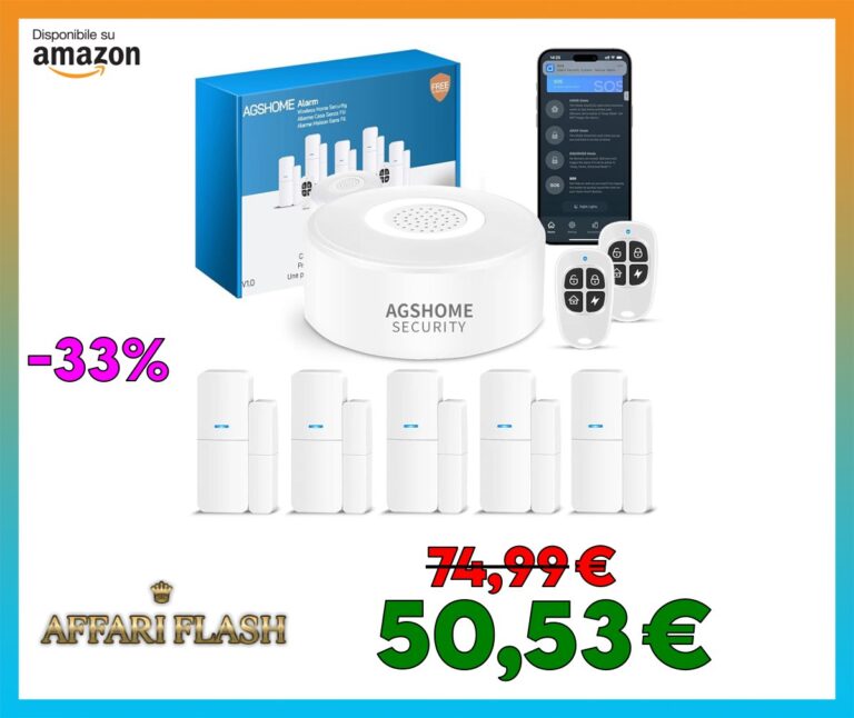 AGSHOME Allarme Casa Senza Fili, Sistema di Allarme Casa Senza Fili, antifurto casa wireless Con 1 Sirena, 5 Sensori Per Porte E Finestre E 2 Telecomandi, Tramite App, Compatibile con Alexa